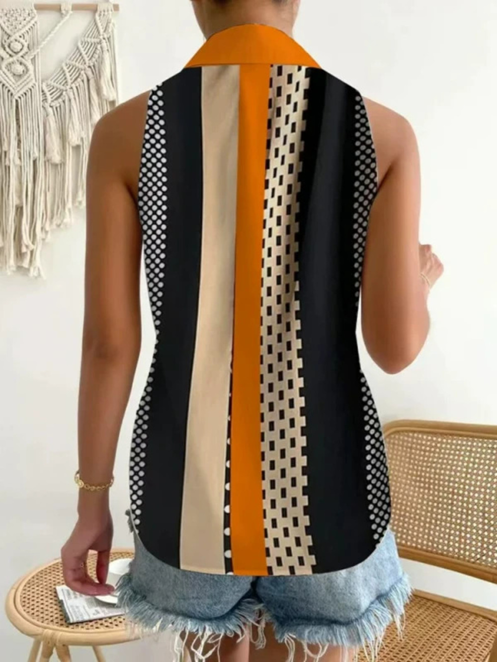 ZARA Summer Print Button Collar Sleeveless Contrast Blouse